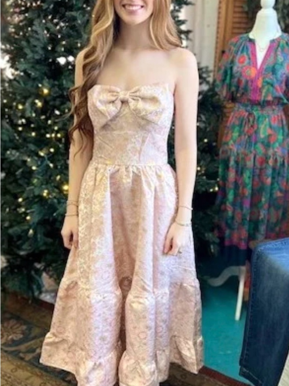 Fate Strapless Pink Brocade Dress with Bow